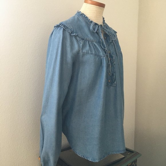 Anthro: Maeve Denim Pilcro Chambray Ruffle Blouse - Picture 4 of 6
